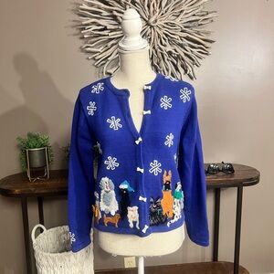Knitter Julia Christmas with Dogs cardigan sweater